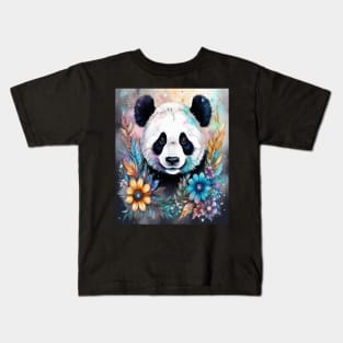 Fantasy, Watercolor, Panda Bear With Flowers and Butterflies Kids T-Shirt